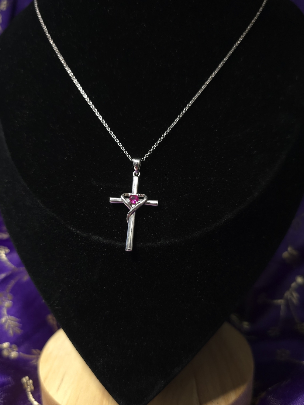 AmorAime 925 Sterling Silver Cross Heart Sapphire Necklace